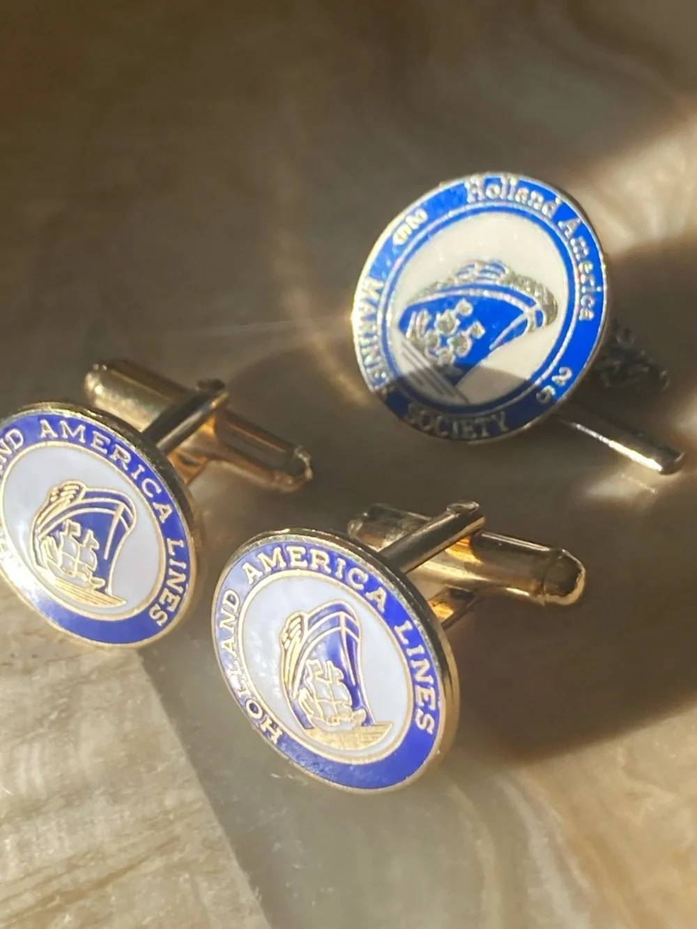 Vintage Holland America Lines Mariner Society Enamel Cufflinks & Tie Clip Set